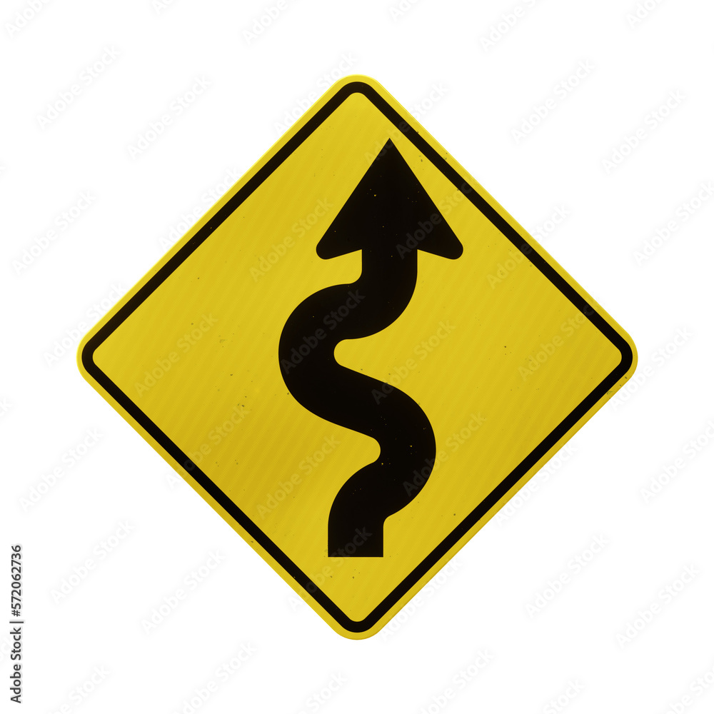 Winding road American warning road sign isolated on transparent background. 3D rendering Winding road American warning road sign isolated on transparent background. 3D rendering