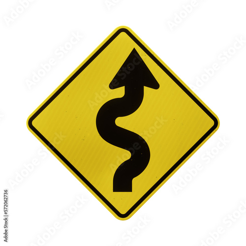 Winding road American warning road sign isolated on transparent background. 3D rendering