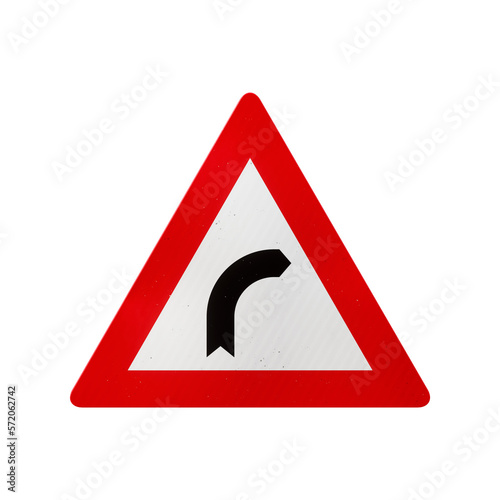 Curve or bend European warning road sign isolated on transparent background. 3D rendering