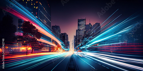 abstract long exposure dynamic speed light trails in an urban environment. Generative ai photo