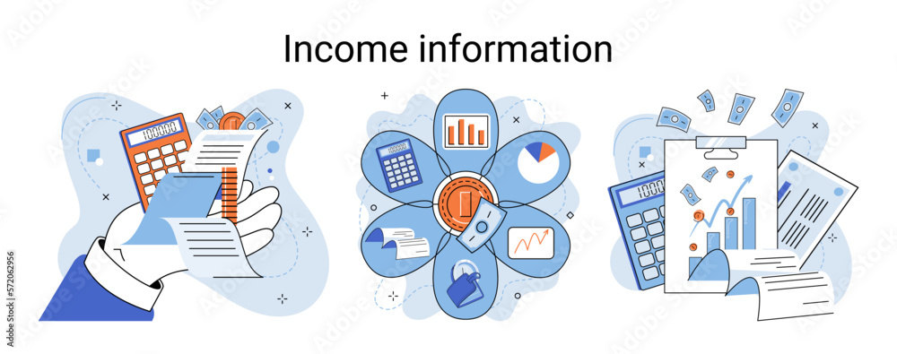 Income information vector set, business profitability indicator, entrepreneurial activity and accounting. Registration of claim form document, providing personal information, financial report for tax