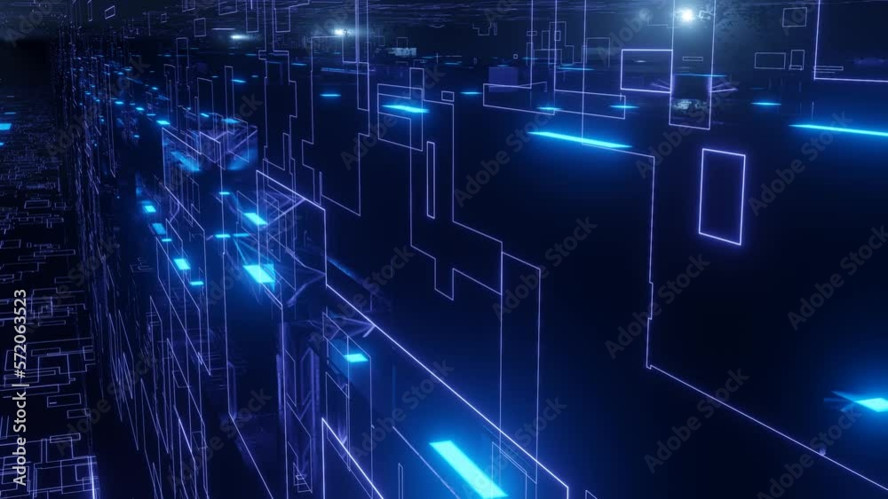 Glow line form pattern like sci-fi hologram. Fly through technology cyberspace with blue neon glow. Sci-fi flight through hi-tech technology tunnel. 3d looped seamless 4k bright background. Data flow