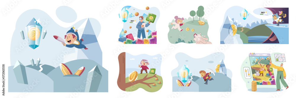 Play to earn, video games in which player can receive rewards with real value, blockchain projects. Cyber cartoon characters playing games to earn cryptocurrencies, trying to find money and power ups Play to earn, video games in which player can receive rewards with real value, blockchain projects. Cyber cartoon characters playing games to earn cryptocurrencies, trying to find money and power ups