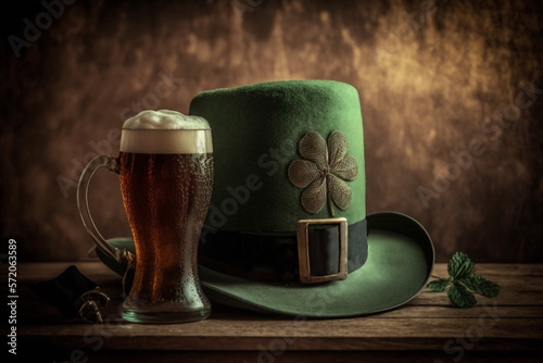 Mug of beer with a St. Patrick's Day hat and Shamrock on a table photo