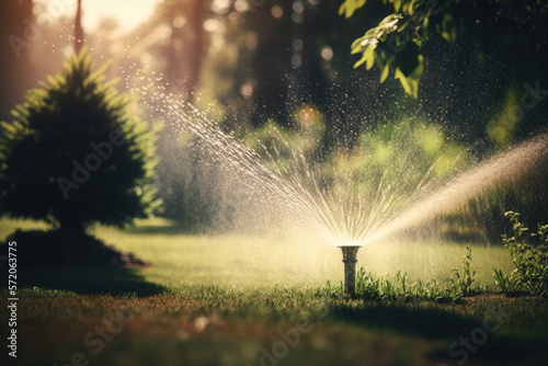 Sprinkler in Park Spraying Water. Illustration AI Generative
