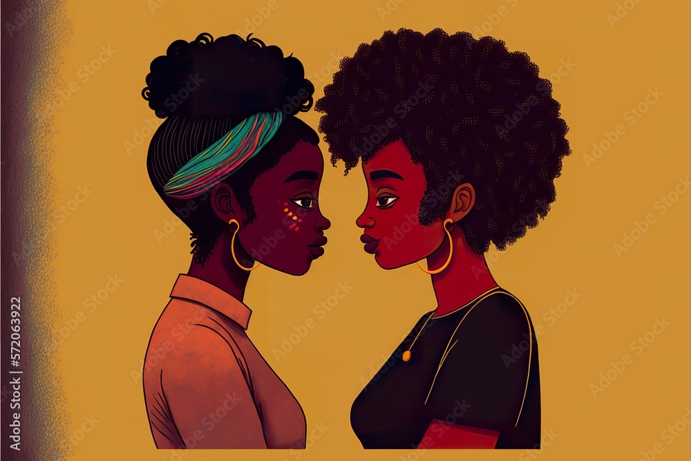 Cute couple of black skin lesbian lovers flat illustration created with