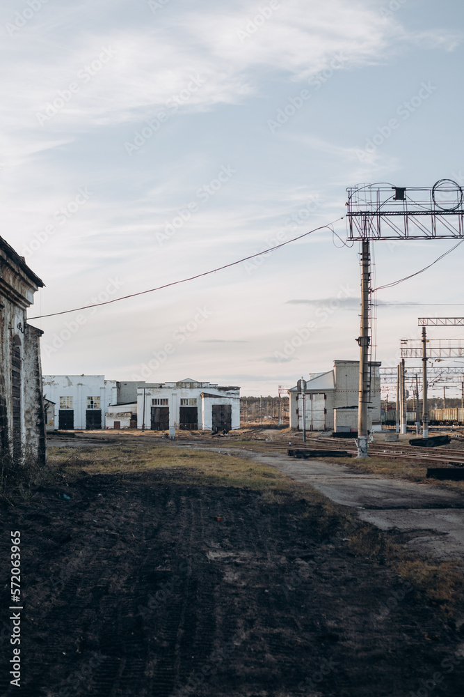 Autumn view of the railroad of a small town.