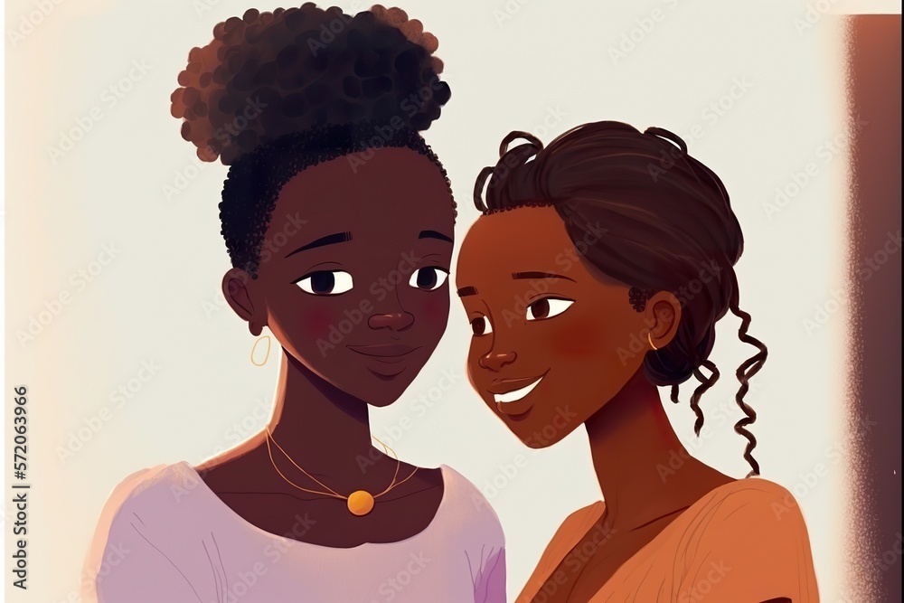 Cute couple of black skin lesbian lovers flat illustration created with Generative AI 