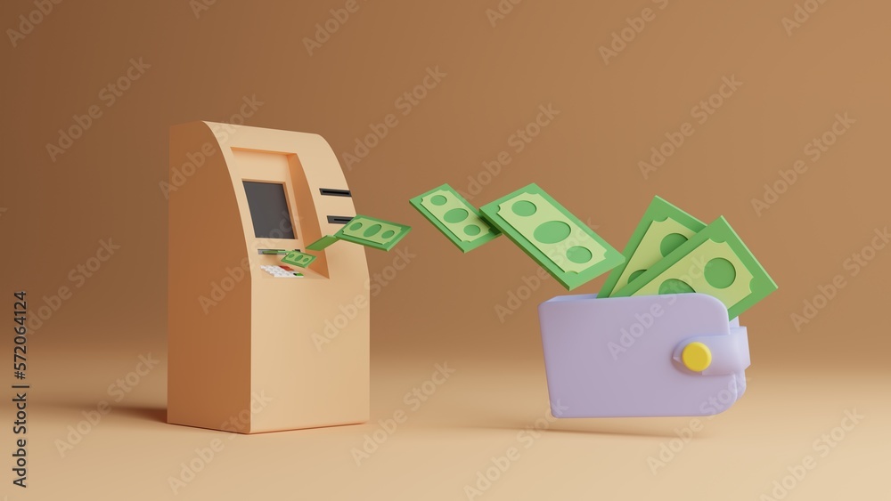 ATM with money and wallet on bright background 3d illustration ATM with money and wallet on bright background 3d illustration