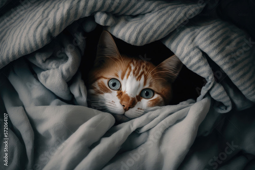 Cat lying on bed under grey blanket. Illustration AI Generative