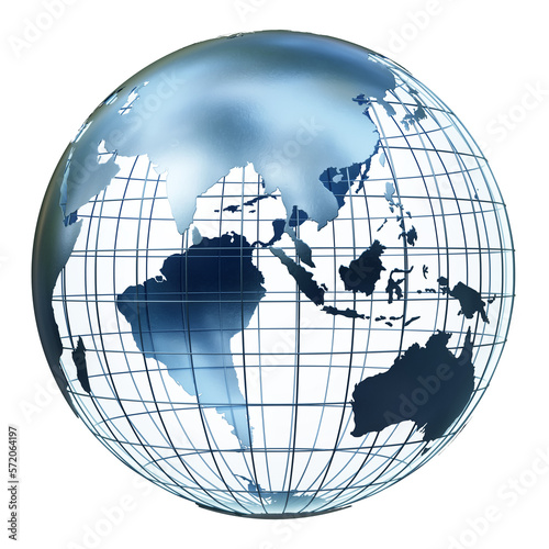 Stylized metallic wireframe earth globe centered on Asia and Oceania. 3D rendering isolated on transparent background