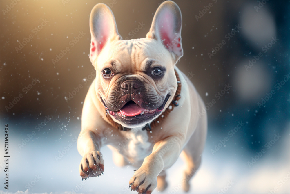 Cheerful dog french bulldog runs into the camera on the snow. Generative AI