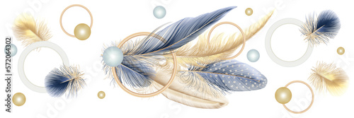 Art wallpaper with golden and blue feathers. Modern creative design for home decor, banners, and prints. Vector illustration.