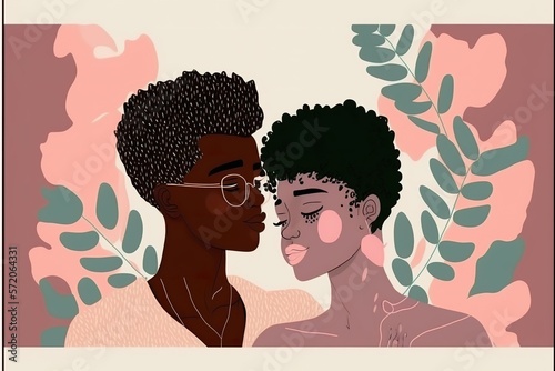 Cute couple of black skin lovers flat illustration created with Generative AI 
