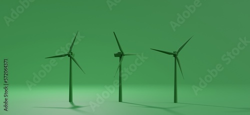 Conceptual composition with Green Energy Electricity Windmill Turbines on green background, 3d rendering © vladdeep