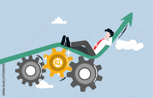 The power of AI to revolutionize productivity and efficiency, incorporating AI into workflow, Relaxed businessman lying down on rapid fast growing graph over cogwheels with AI.