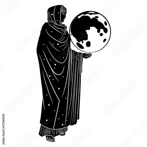 Standing woman in long garment as starry night holding a full moon. Goddess Nyx or Selene. Female lunar deity. Black and white silhouette.