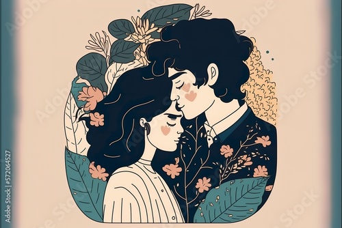 Cute couple of lovers flat illustration created with Generative AI 