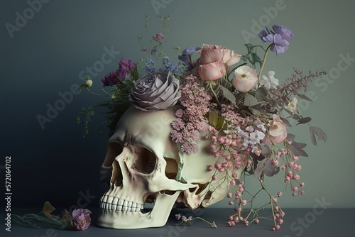 Human skull with flowers. AI generated image. photo