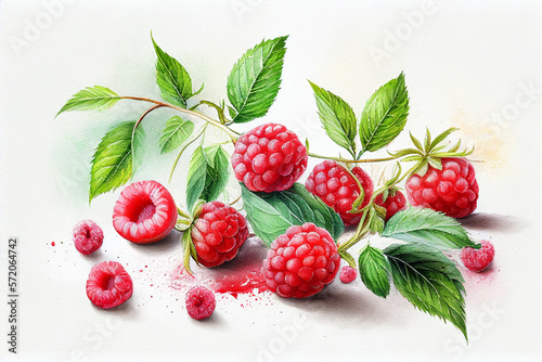 Fresh raspberries twigs. Watercolor botanical AI generative illustration.