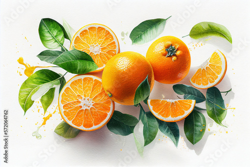 Fresh oranges with leaves on white paper background. Watercolor citrus botanical AI generative illustration.