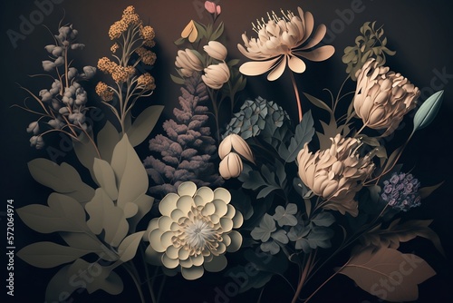 Wallpaper Mural Background with beautiful fantasy vintage wallpaper different botanical flower - Generative AI Torontodigital.ca