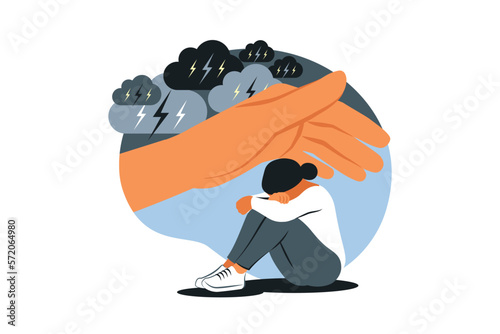 Psychotherapy, counseling and psychological support concept. Human hand helps depression girl hugging knees. Mental health issue, depression, feeling of frustrated, anxiety. Vector illustration.