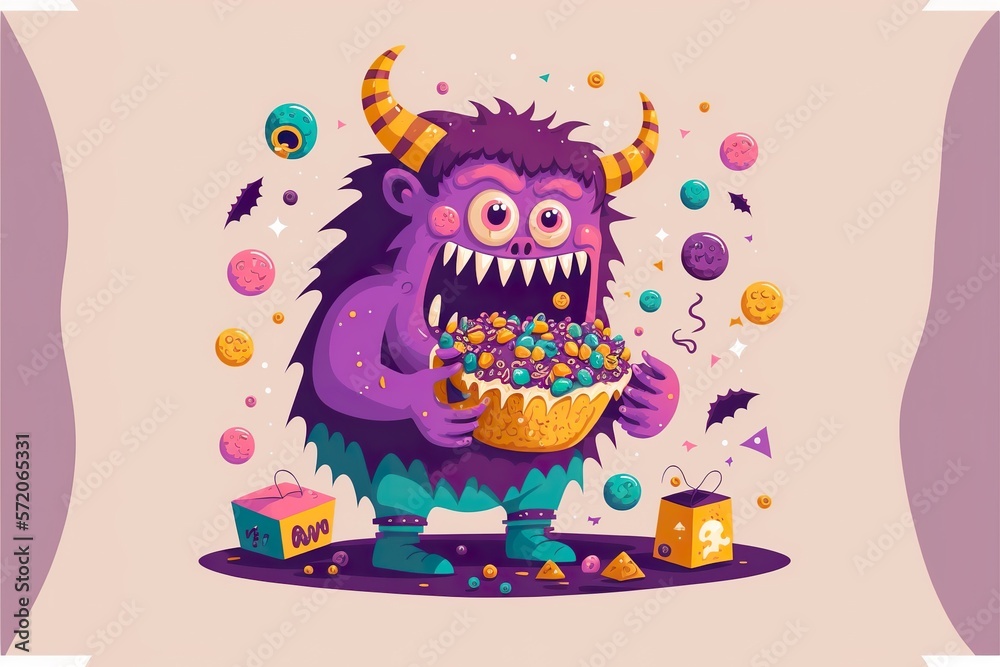 Cartoon monster with sweets flat illustration created with Generative AI 