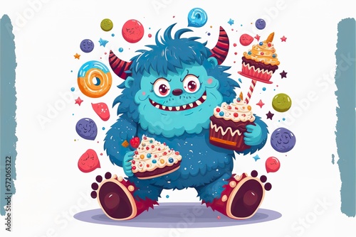 Cartoon monster with sweets flat illustration created with Generative AI 