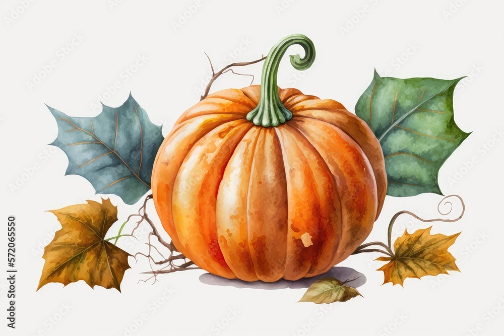 Watercolor style pumpkin with leaves on white background - generative AI, generative, AI