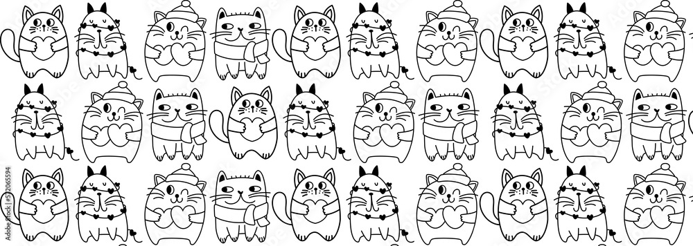 Doodle cats seamless pattern. Black and white cute background. Great for coloring, packaging, printing, fabric and textile. Vector illustration