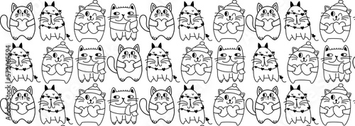 Doodle cats seamless pattern. Black and white cute background. Great for coloring  packaging  printing  fabric and textile. Vector illustration