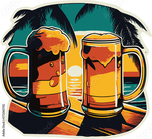 Vector image of two mugs with beer on background of tropical beach and palm trees..