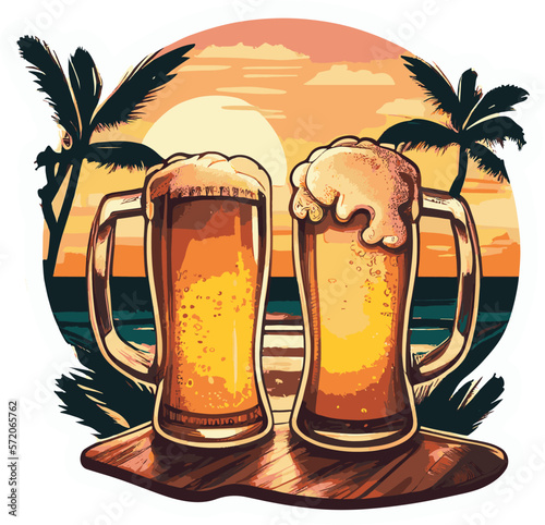 Vector image of two mugs with beer on background of tropical beach and palm trees..