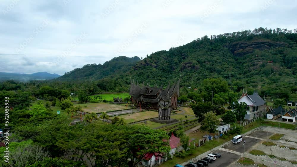 Aerial view of Istano Baso Pagar Ruyung, a heritage building with traditional Minangkabau design at Tanah Datar. Rumah Gadang Istana Basa Pagaruyung Aerial view of Istano Baso Pagar Ruyung, a heritage building with traditional Minangkabau design at Tanah Datar. Rumah Gadang Istana Basa Pagaruyung