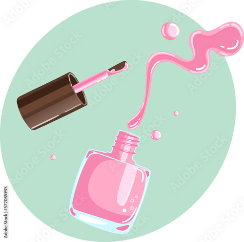 Illustration of a jar of pink nail polish with splash and drops in delicate shades