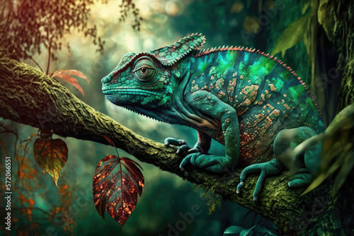 chameleon on a tree, background of the jungle, generative AI © Kien