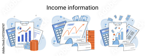 Income information in financial report with charts, business profitability indicator, entrepreneurial activity and accounting. Registration of claim form document, providing personal information