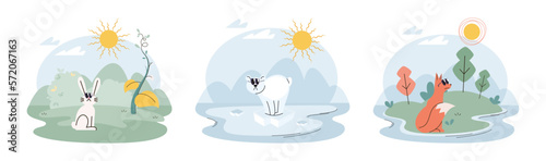 Stop global warming. Wild animals suffer from heat and lots of sun and climate change, they sitting in forest in sunglasses. Global temperatures increasing. Environment problem, nature protection