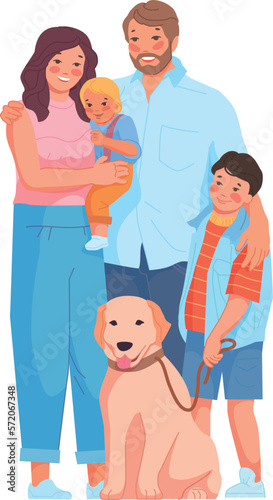 Happy family with kids and dog. Smiling parents together