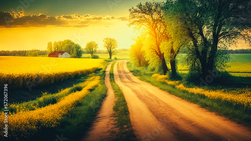 Country road and green farmland landscape in spring season