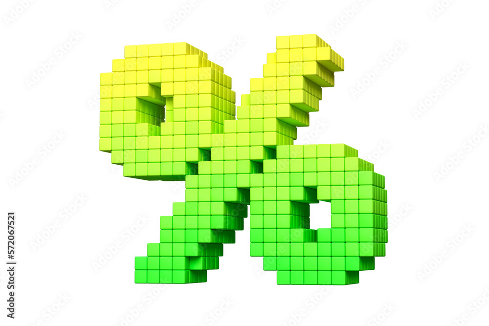 Percentage sign in yellow and green designed in code style. High definition 3D rendering 8-bit concept font.