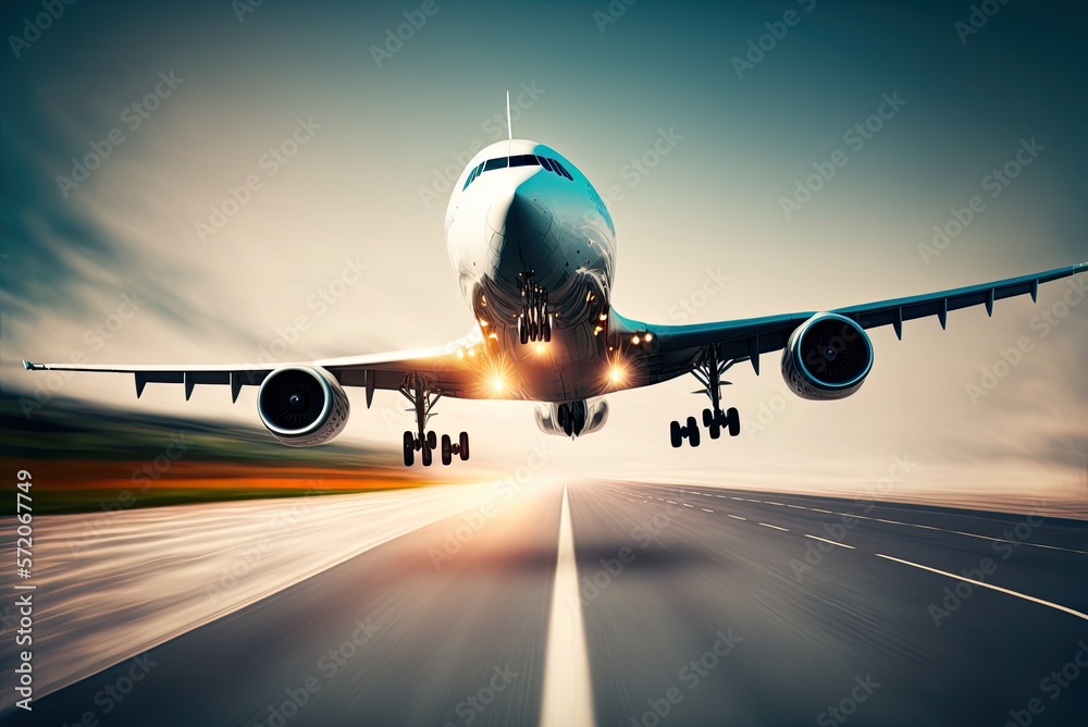 A commercial travel aircraft departs from an airport runway. Concept of fast travel, holidays and business by AI generative. A commercial travel aircraft departs from an airport runway. Concept of fast travel, holidays and business by AI generative.
