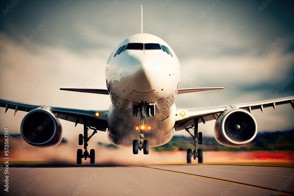 Naklejka premium A commercial travel aircraft departs from an airport runway. Concept of fast travel, holidays and business by AI generative.
