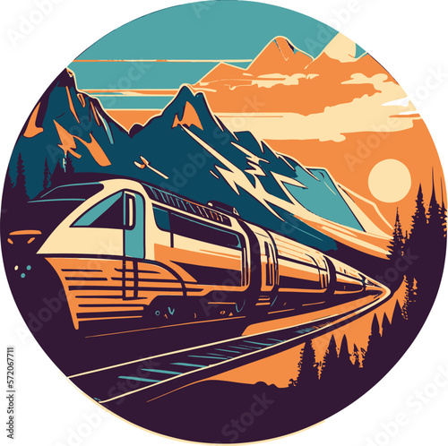 Color image of train against backdrop of mountain landscape in evening..