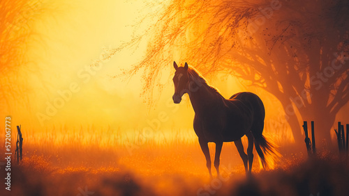 Horses walking in a field at sunrise