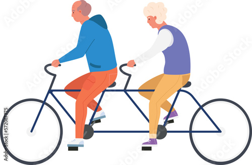 Old couple riding tandem bicycle. Active seniors lifestyle