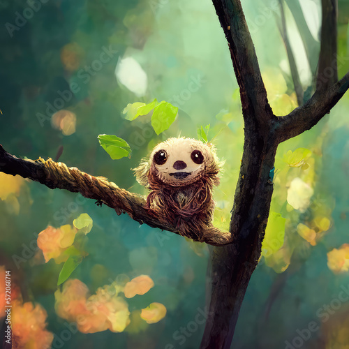 Cartoon Sloth in Tree, Generative AI photo