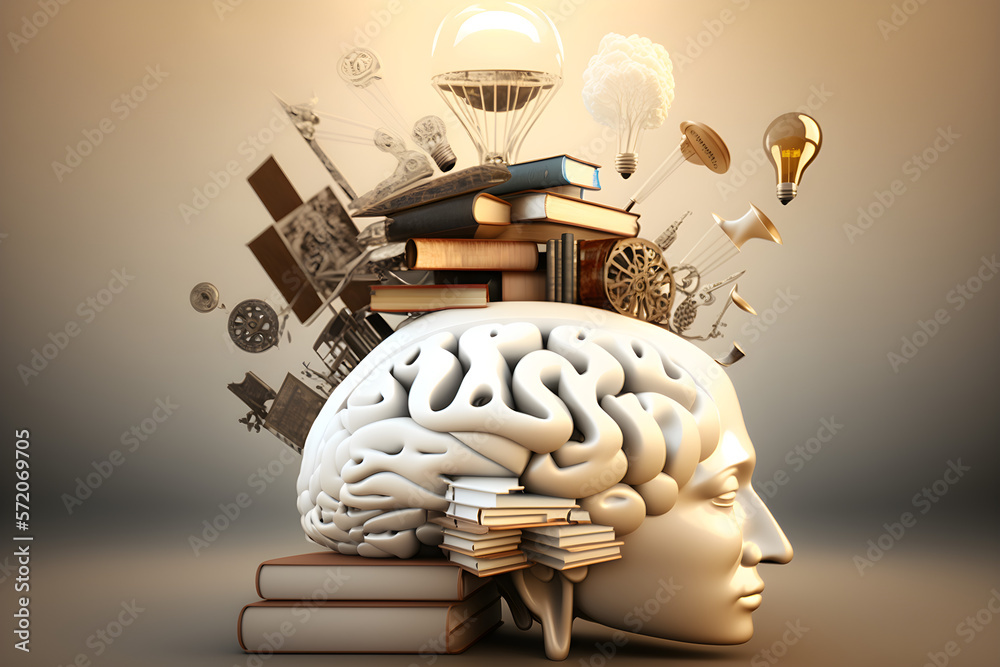 Fototapeta premium brain with a education ideas, new discoveries and scientific inventions, books, lamp, gear wheels, puzzle