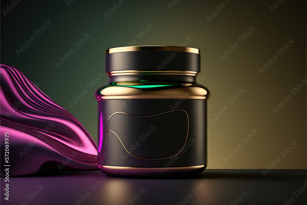 Golden unbranded cosmetic cream jar on dark background. Blank luxury body care beauty product packaging template for promotion and advertising. Elegant mockup. 3D render